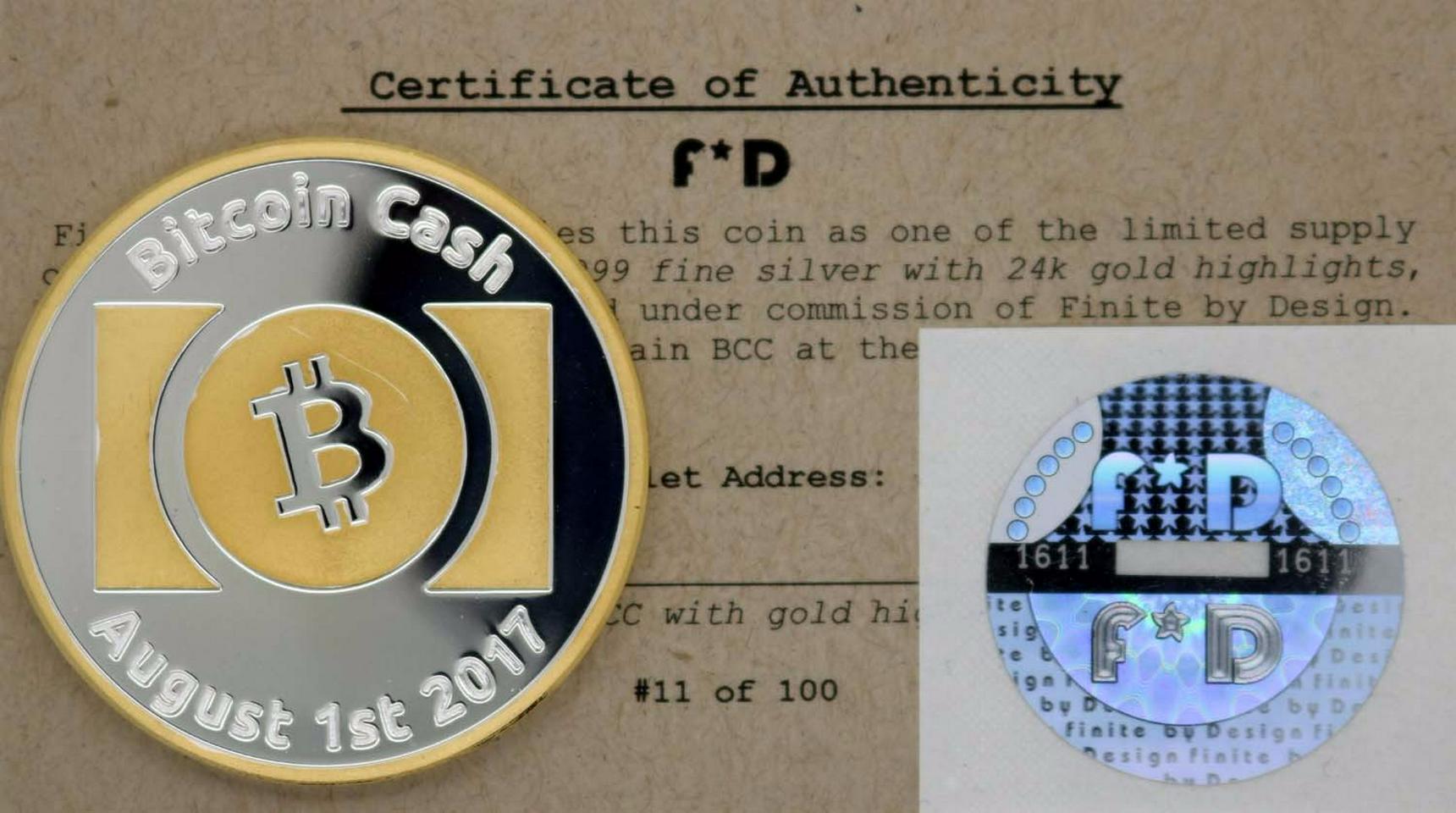 Bitcoin Cash Physical .999 Silver & 24 kt Gold Coin w COA & Hologram Cold Storage Wallet FINITE BY DESIGN